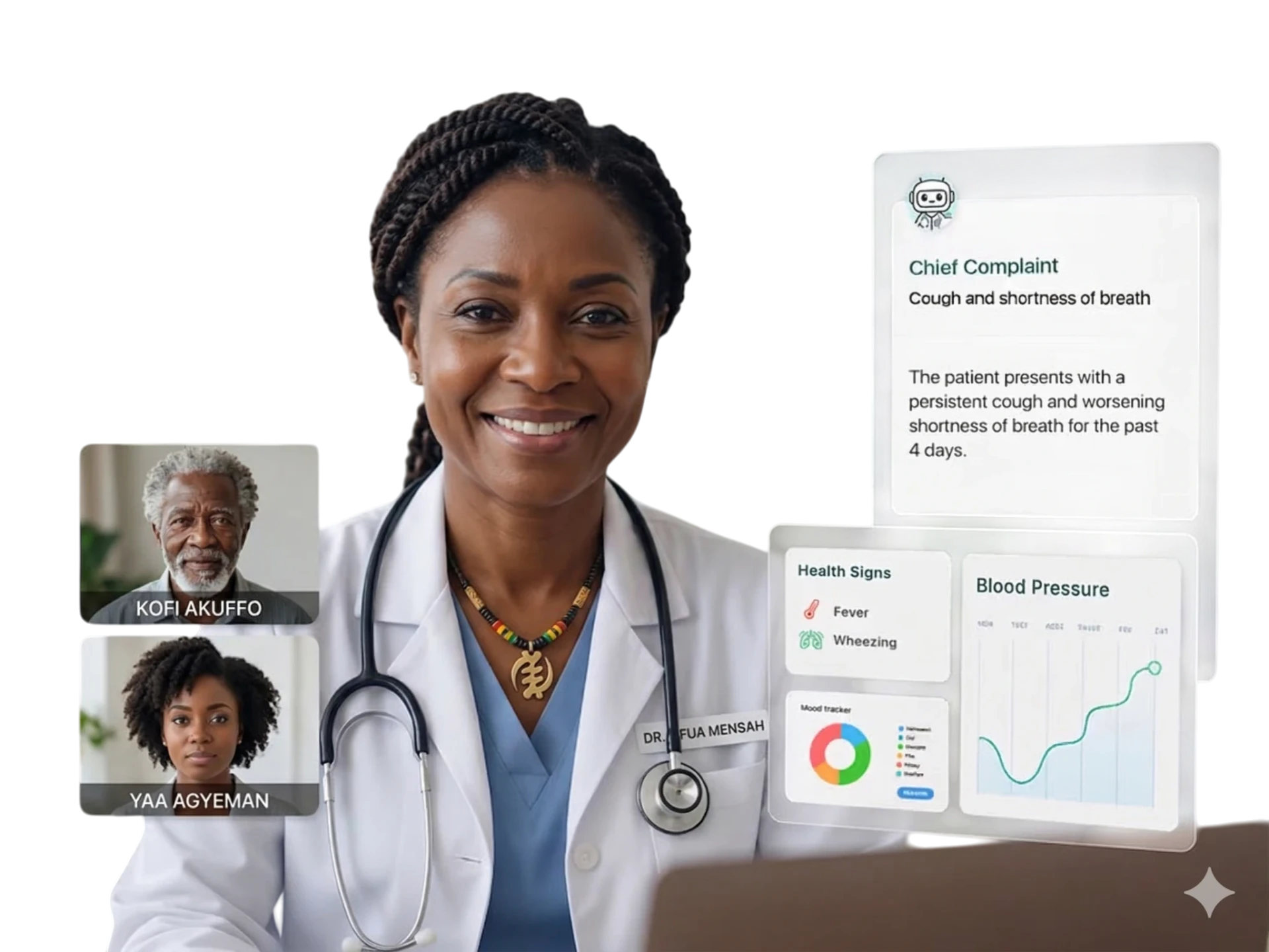 Ghanaian specialist doctor on a video consultation with patient vitals and AI clinical summary on screen