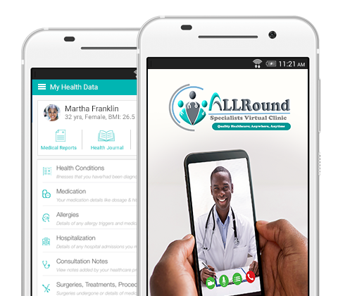 AllRound Specialists Virtual Clinic mobile app showing health data and a live video consultation
