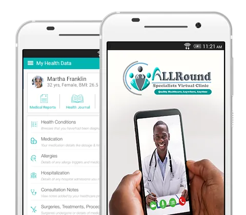 AllRound Specialists Virtual Clinic mobile app showing health data and a live video consultation